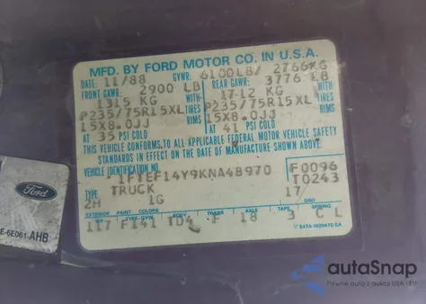 1989 Ford F150 from USA, damaged, VIN 1FTEF14Y9KNA48970